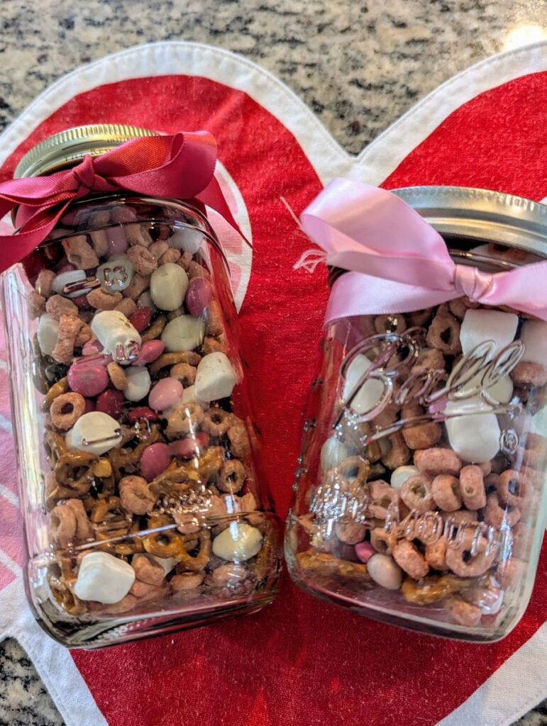 Valentine's trail mix in mason jars for valentine's gift